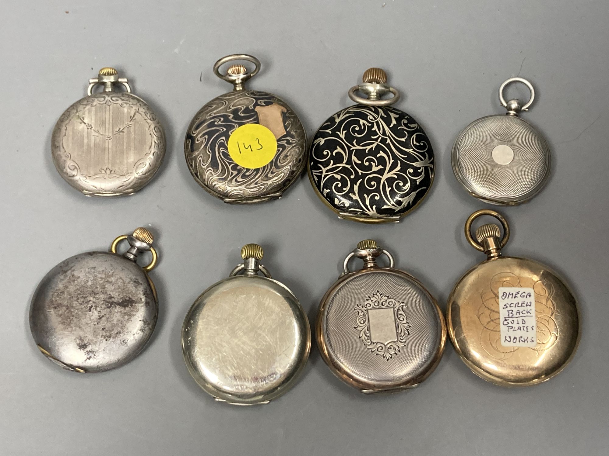 Eight assorted pocket watches including gun metal, gold plated, white metal and base metal Longines and a quantity of watch keys.